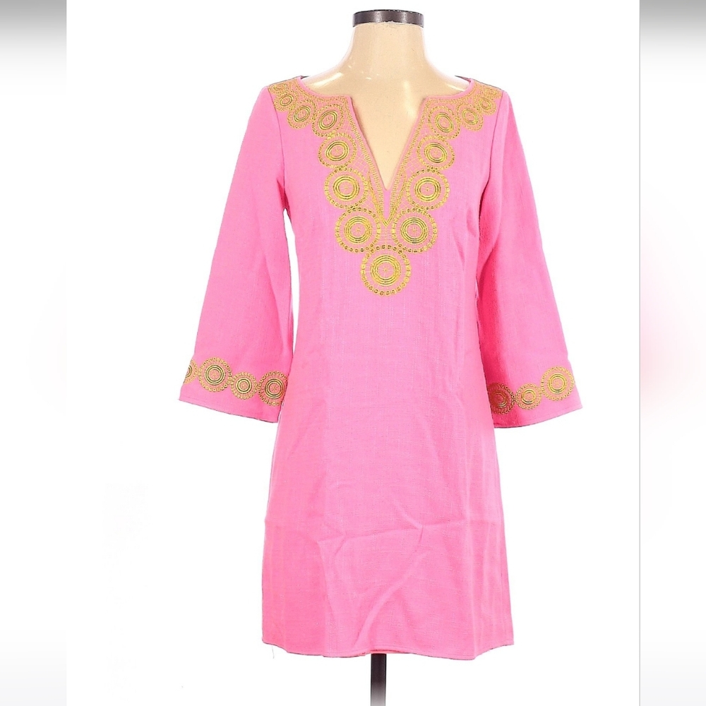 Hot pink tunic dress with gold embroidery